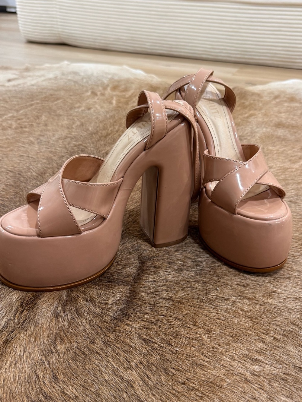 Schutz Nude Pattie Patent Leather Platform Sandals
